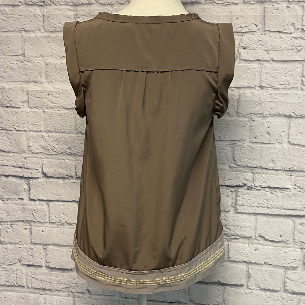 Ann Taylor Loft Satin Brown Sleeveless Top with Cream Sequins Size MP - Picture 5 of 9